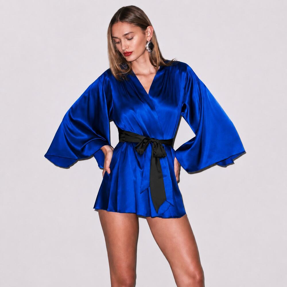 Fleur Du Mal Angel Sleeve Robe Denim blue Silk Charmeuse sz M/L